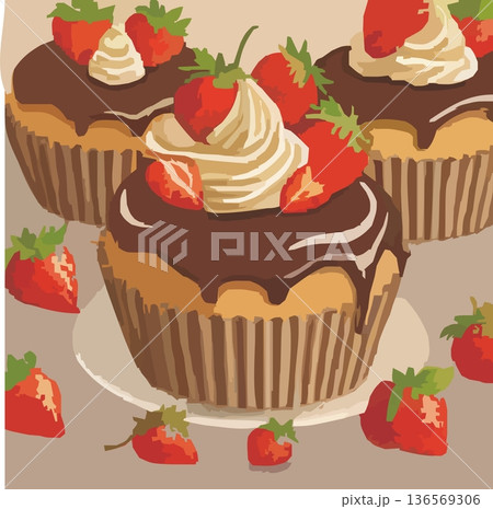 たくさんのイチゴと美味しそうなケーキ のベクターイラスト たくさんのイチゴと美味しそうなケーキ のベクターイラスト 136569306