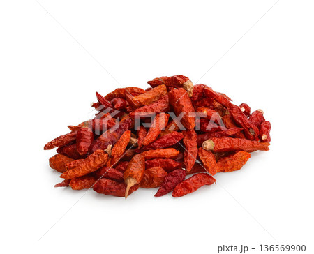 Dried red Karen chili is traditional Asia chili (Prik Ka Reang) on white background Dried red Karen chili is traditional Asia chili (Prik Ka Reang) on white background 136569900
