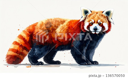 白背景に描かれたレッサーパンダの水彩画風イラストレーション。鮮やかな毛並みと縞模様の尻尾の動物素材 白背景に描かれたレッサーパンダの水彩画風イラストレーション。鮮やかな毛並みと縞模様の尻尾の動物素材 136570050
