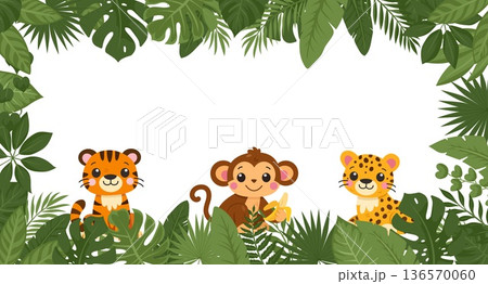 Cute wild cats and monkey frame. Tiger, leopard, monkey jungle vector border with copy space Cute wild cats and monkey frame. Tiger, leopard, monkey jungle vector border with copy space 136570060