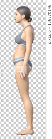 Swayback posture 3D illustration of a Japanese woman, whole body sideways 136570146