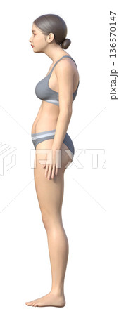 猫背の姿勢 日本人女性の3Dイラスト 全身横向き 136570147