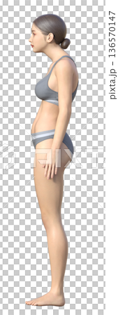 猫背の姿勢 日本人女性の3Dイラスト 全身横向き 136570147