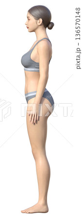 正しい姿勢と立ち方 日本人女性の3Dイラスト 全身横向き 136570148