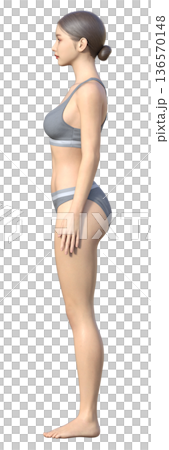 正しい姿勢と立ち方 日本人女性の3Dイラスト 全身横向き 136570148