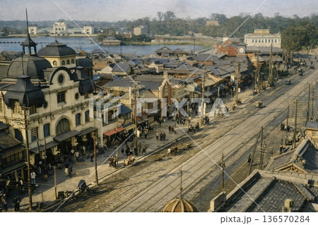 古写真　1907-1918年　東京　上野広小路と上野公園不忍池（モノクロ写真をAIでカラー化） 136570284