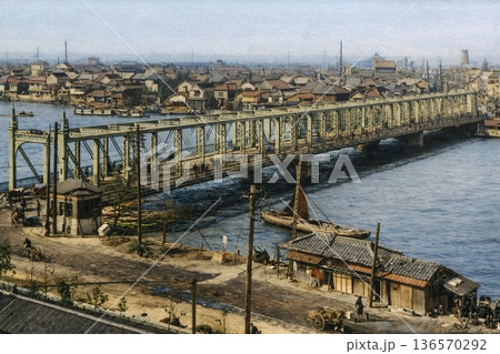 古写真　1907-1918年　東京　隅田川と吾妻橋のパノラマ（モノクロ写真をAIでカラー化） 136570292