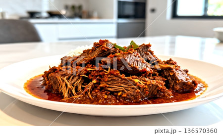 Tender shredded beef in rich chili sauce with green pepper garnish, a spicy homemade dish perfect for culinary presentation. 136570360