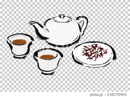 描繪了一支日式毛筆，筆尖蘸著中國茶，茶杯、茶壺和茶葉的插圖。 136570403