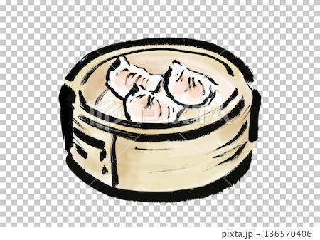 Japanese-style brush illustration of steamed dumplings in a steamer 136570406
