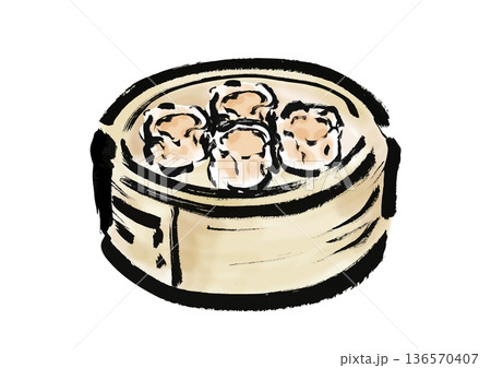 蒸篭に入っている焼売の和風筆イラスト素材 136570407