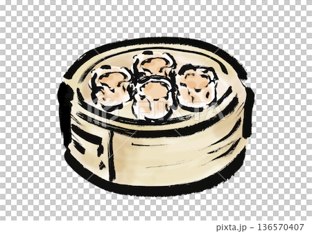 蒸篭に入っている焼売の和風筆イラスト素材 136570407