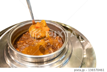 Top view of Katsu Curry soup in the pot,focus selective Top view of Katsu Curry soup in the pot,focus selective 136570461