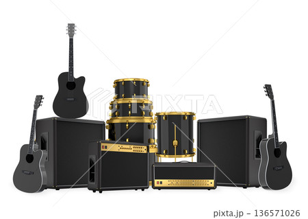 Set of electric acoustic guitars and drums with cymbals on white background 136571026
