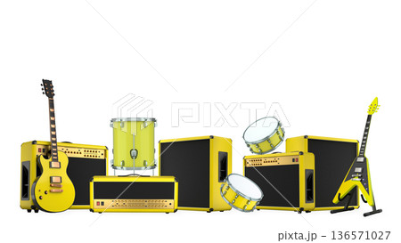 Set of electric acoustic guitars and drums with cymbals on white background Set of electric acoustic guitars and drums with cymbals on white background 136571027