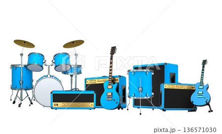 Set of electric acoustic guitars and drums with cymbals on white background 136571030