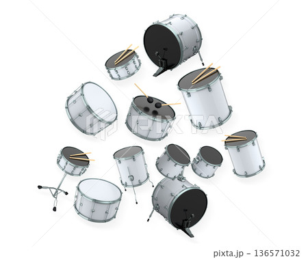 Set of drums and drumset with metal cymbals on white background 136571032