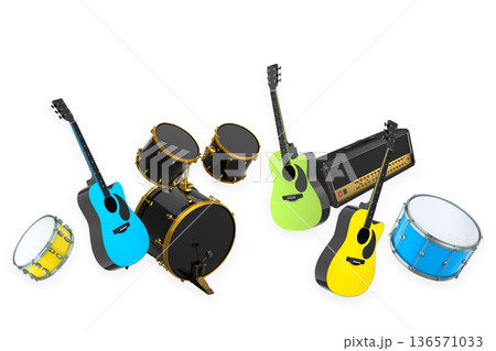 Set of electric acoustic guitars and drums with cymbals on white background Set of electric acoustic guitars and drums with cymbals on white background 136571033