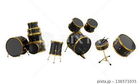 Set of electric acoustic guitars and drums with cymbals on white background 136571035