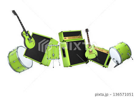 Set of electric acoustic guitars and drums with cymbals on white background Set of electric acoustic guitars and drums with cymbals on white background 136571051