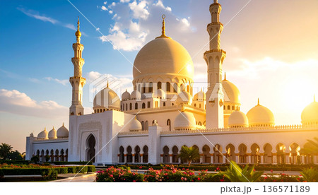 Grand Mosque at Sunrise with Golden Light Grand Mosque at Sunrise with Golden Light 136571189