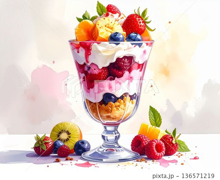 カラフルなフルーツパフェ（AI生成画像） 136571219