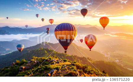 Hot Air Balloons Flying Over Scenic Landscape at Sunrise 136571220