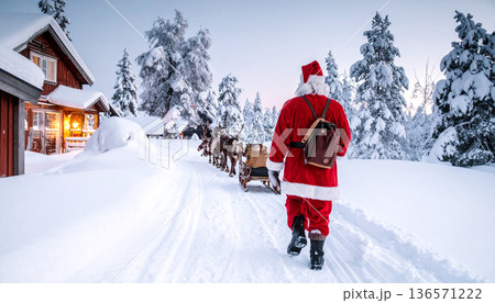 Horse Drawn Sleigh in Winter Snow Landscape 136571222