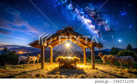 Nativity Scene with Milky Way at Night 136571229