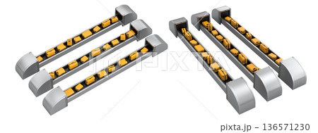 Set of Airport luggage conveyor belt or baggage claim area with suitcases on white. 136571230
