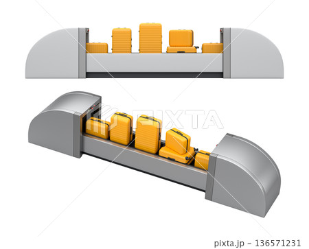 Set of Airport luggage conveyor belt or baggage claim area with suitcases on white. 136571231
