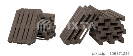 Set of wooden pallet for warehouse cargo storage isolated on white background. 136571232