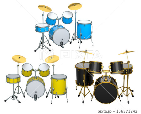 Set of realistic drums with metal cymbals or drumset on white background 136571242
