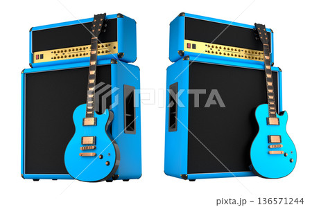 Set of amplifier with acoustic guitar isolated on white background. Set of amplifier with acoustic guitar isolated on white background. 136571244