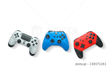 Wireless gaming controllers flying in air isolated on white background, symbolizing gaming technology concept Wireless gaming controllers flying in air isolated on white background, symbolizing gaming technology concept 136571261