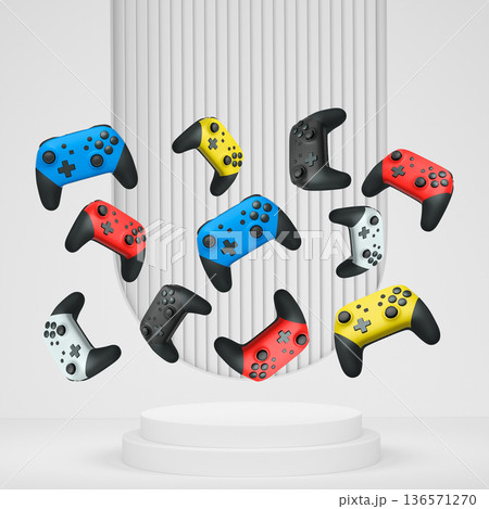 Colorful gaming controllers joystick levitating over podium against abstract background, minimalist concept device on pedestal 136571270