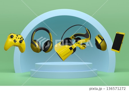 Collection of gaming gadgets like controllers, VR glasses, phone and headphones over podium on abstract pastel background Collection of gaming gadgets like controllers, VR glasses, phone and headphones over podium on abstract pastel background 136571272