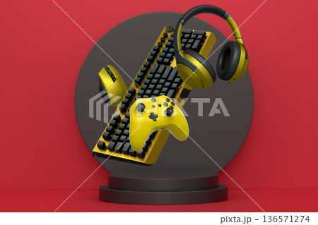 Gaming keyboard, mouse, controllers, and headphones floating above podium on abstract pastel background, symbolizing games 136571274