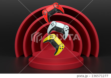 Colorful gaming controllers joystick levitating over podium against abstract background, minimalist concept device on pedestal 136571277