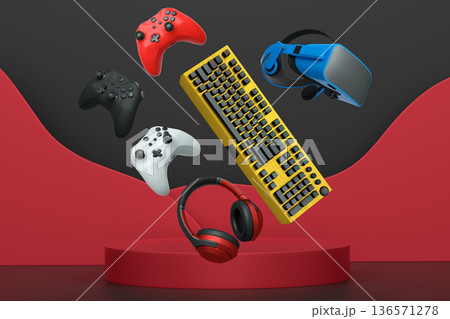 Gaming accessories including keyboard, headset, mouse, controller, and VR headset, shown above podium on abstract background 136571278