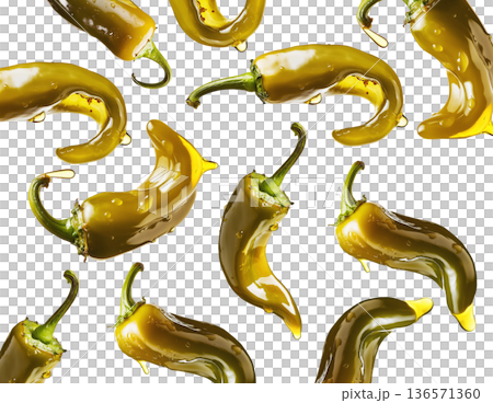 Shiny green chili peppers covered in oil, isolated on white background, emphasizing food freshness and culinary splash concept 136571360