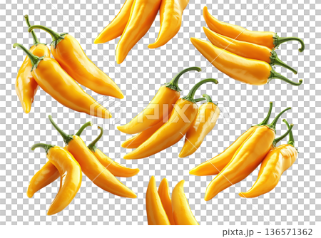Fresh yellow chili peppers in various bunches, isolated on clean white background, concept of spicy food 136571362