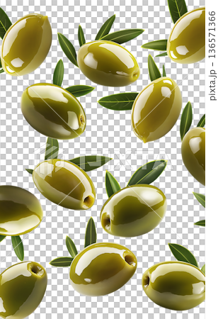 Shiny green olives with natural leaves in seamless pattern isolated on white background, freshness and Mediterranean cuisine Shiny green olives with natural leaves in seamless pattern isolated on white background, freshness and Mediterranean cuisine 136571366