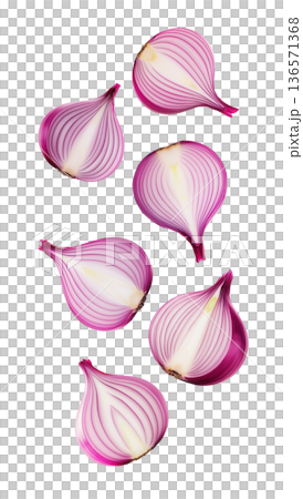 Halved red onions arranged in a seamless pattern, isolated on a white background, concept of fresh vegetable texture Halved red onions arranged in a seamless pattern, isolated on a white background, concept of fresh vegetable texture 136571368