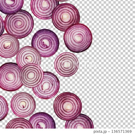 Halved red onions arranged in a seamless pattern, isolated on a white background, concept of fresh vegetable texture 136571369