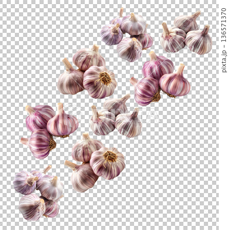 Multiple whole garlic bulbs arranged in a seamless pattern, isolated on white background. Concept of organic food and culinary spice Multiple whole garlic bulbs arranged in a seamless pattern, isolated on white background. Concept of organic food and culinary spice 136571370