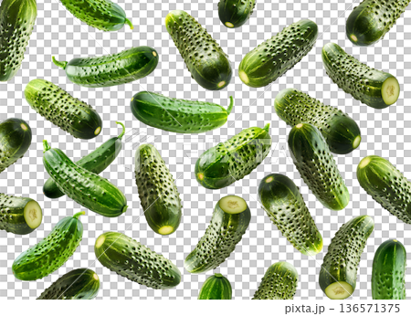 Multiple fresh green cucumbers arranged in a seamless pattern isolated on white background, healthy food and organic produce 136571375