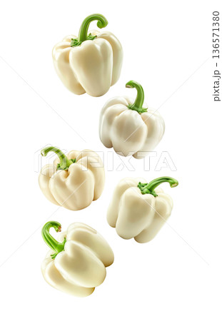 Multiple fresh white bell peppers with green stems scattered and isolated on white background, Concept of healthy organic food 136571380
