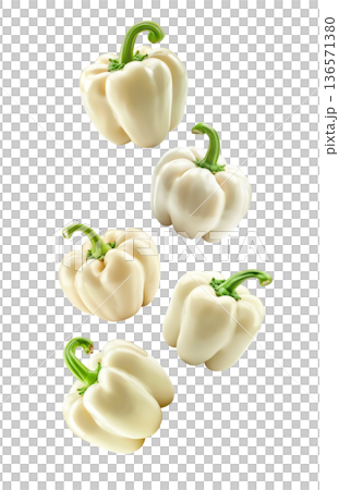Multiple fresh white bell peppers with green stems scattered and isolated on white background, Concept of healthy organic food 136571380