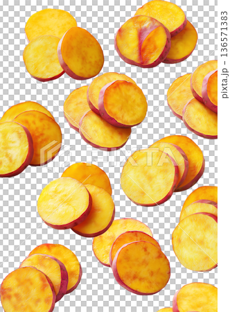 Piles of sweet potato slices placed randomly, isolated on white background, concept of healthy snack food 136571383